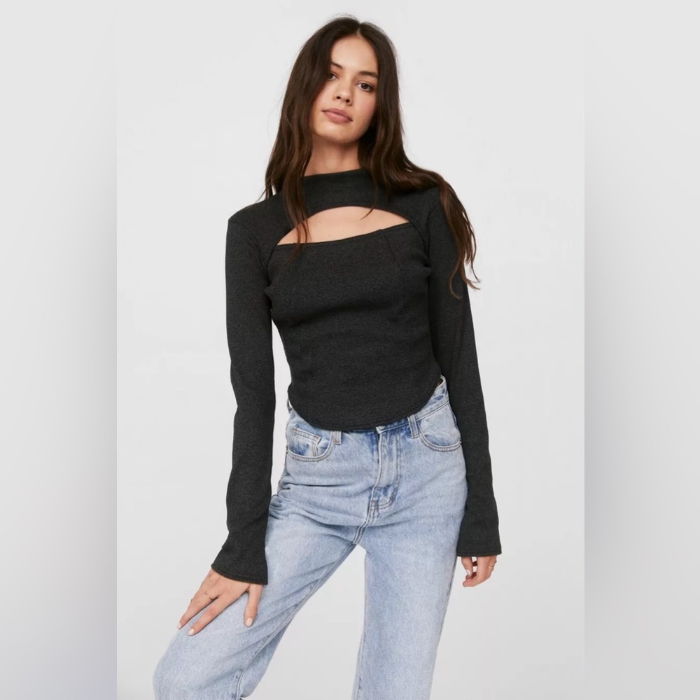 Size medium NastyGal High Neck Cut Out Long Sleeve Top. Dark grey.